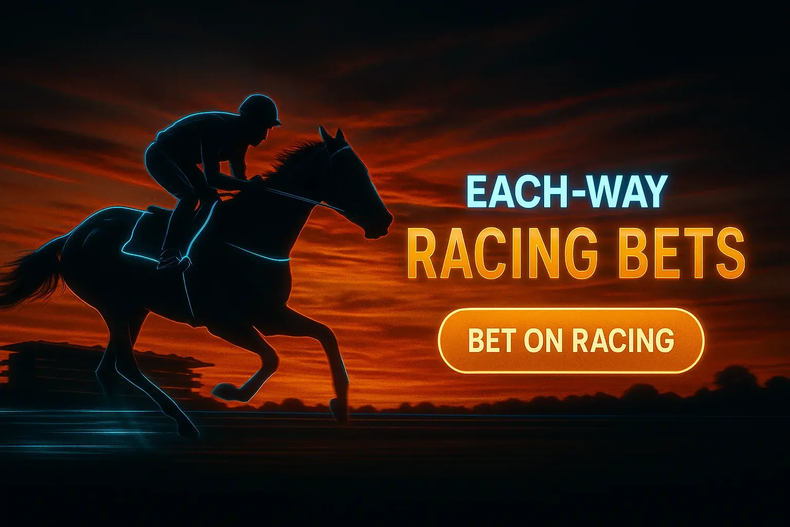 Wide racing betting banner with jockey silhouette at sunset and CTA