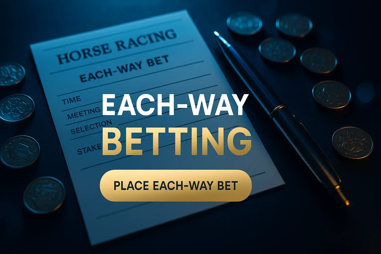Luxury each-way betting slip banner with gold pen, coins and CTA
