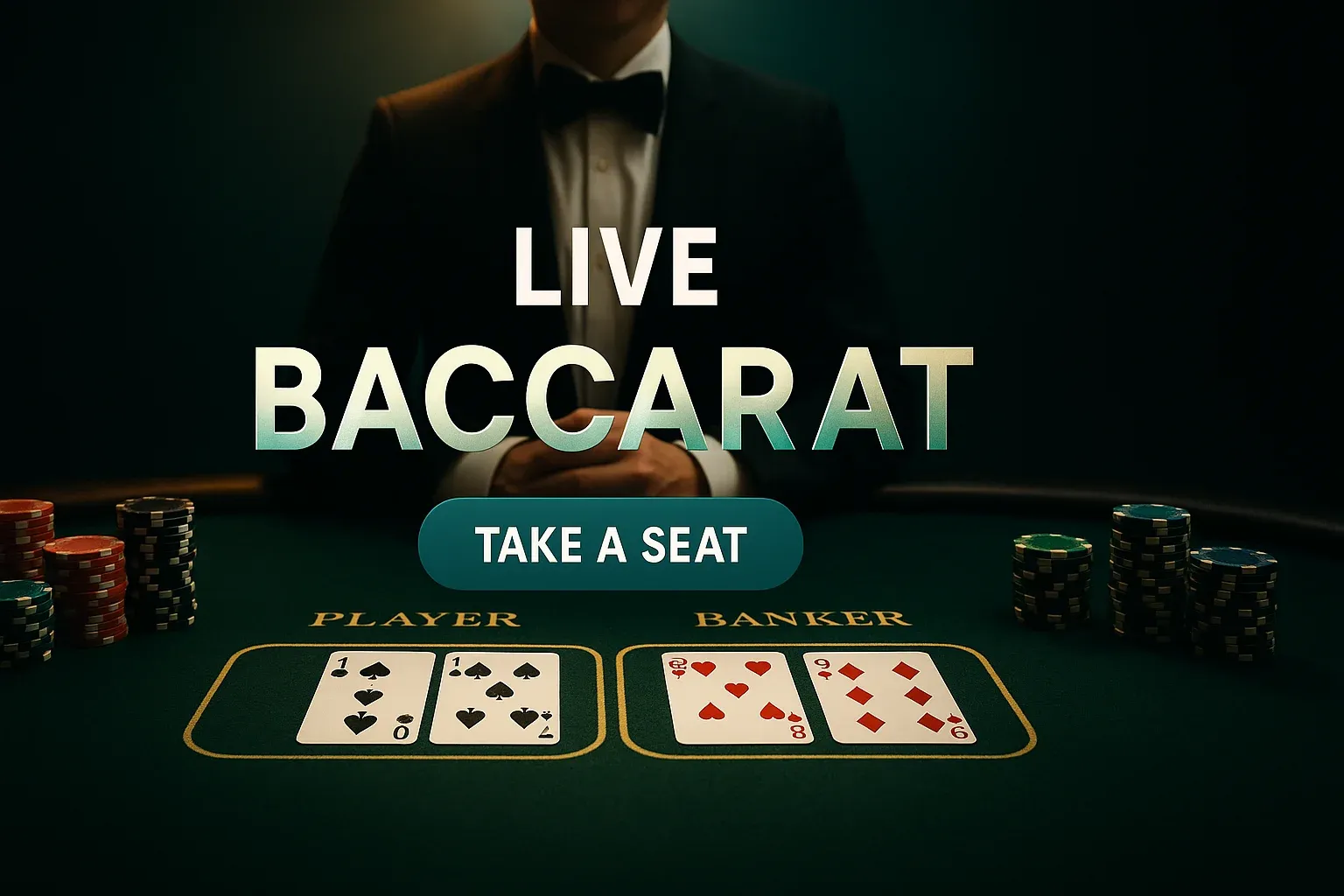 Photorealistic live baccarat casino banner with cards, chips and dealer