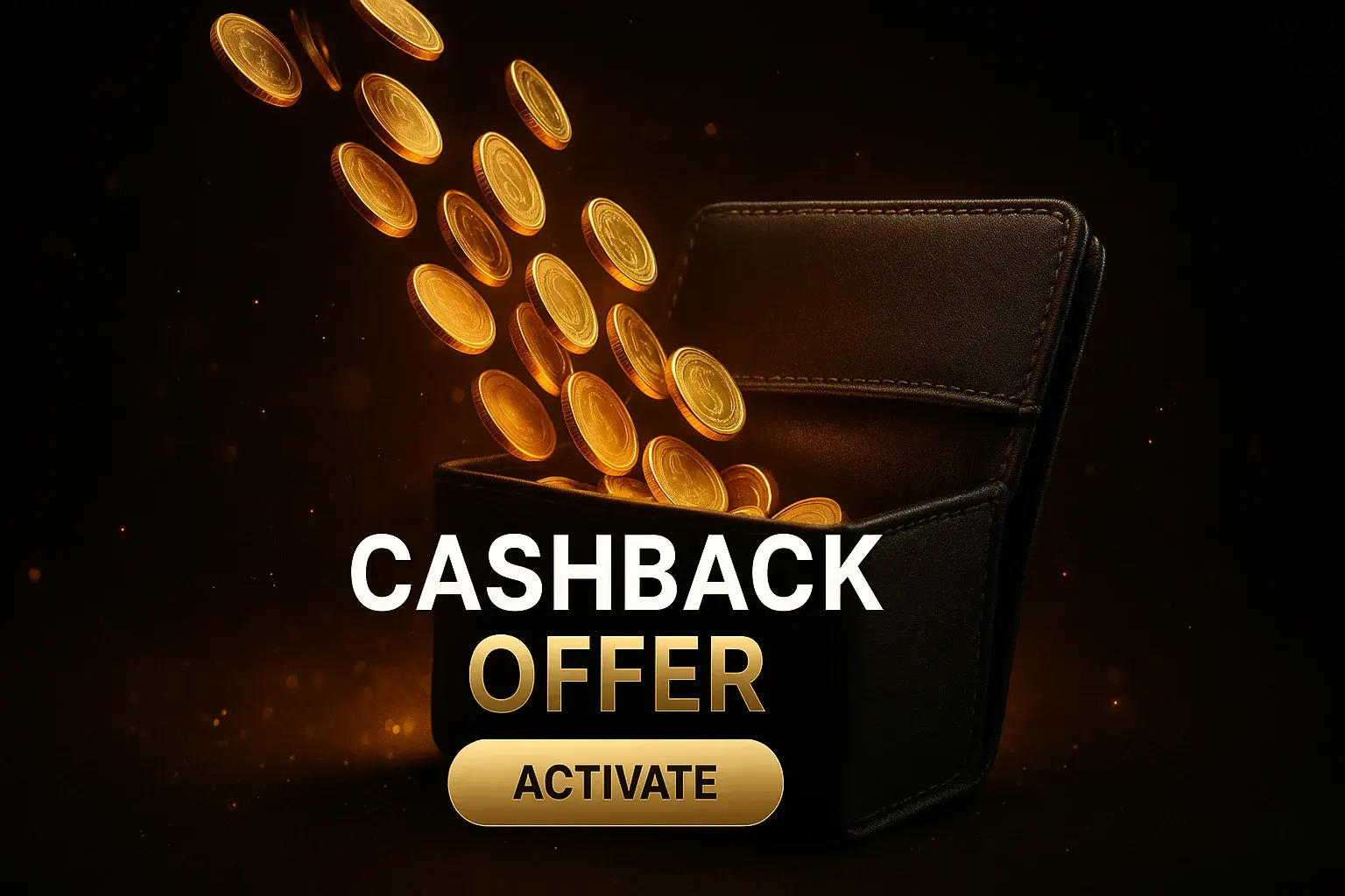 Wide sports betting cashback offer banner with gold coins and luxury wallet