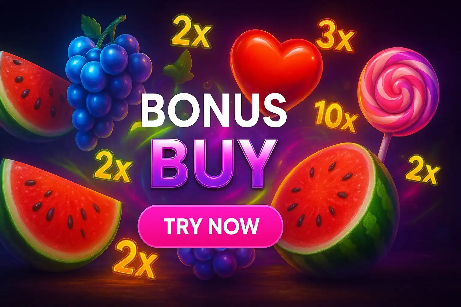 Photorealistic slots banner with bonus buy text and try now button