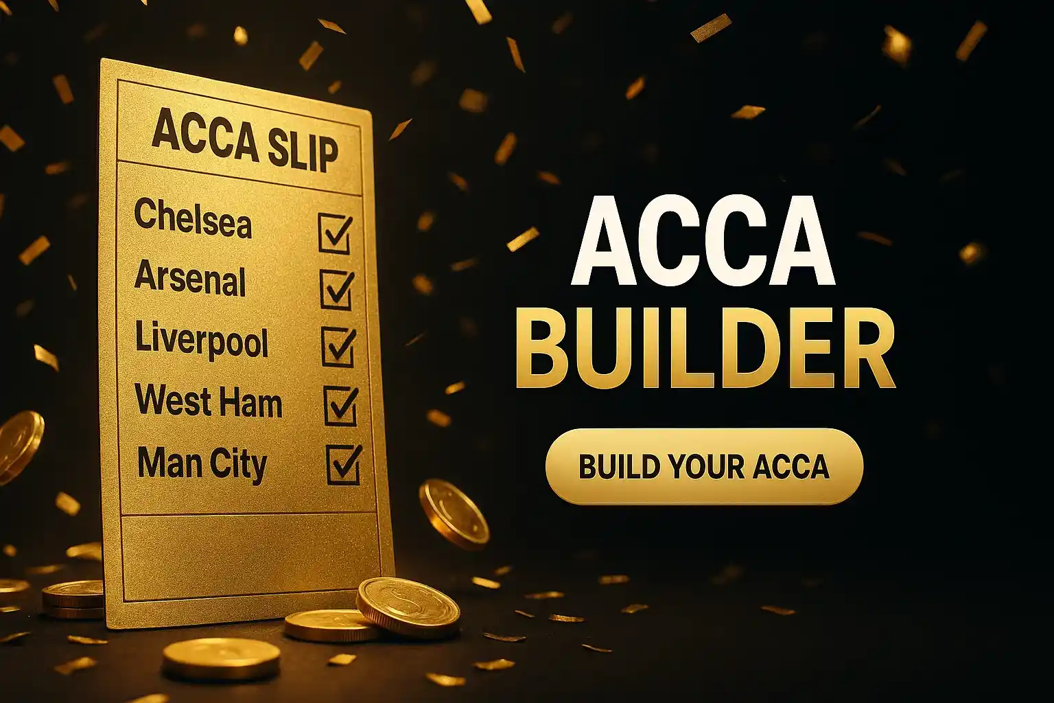 Photorealistic UK acca builder banner with gold slip, coins and confetti